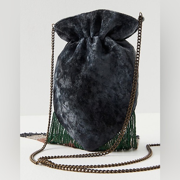 Free People Vintage Inspired Talk To Me Clutch Beaded Fringe Grey Velvet Pouch 🩶 - Picture 2 of 10